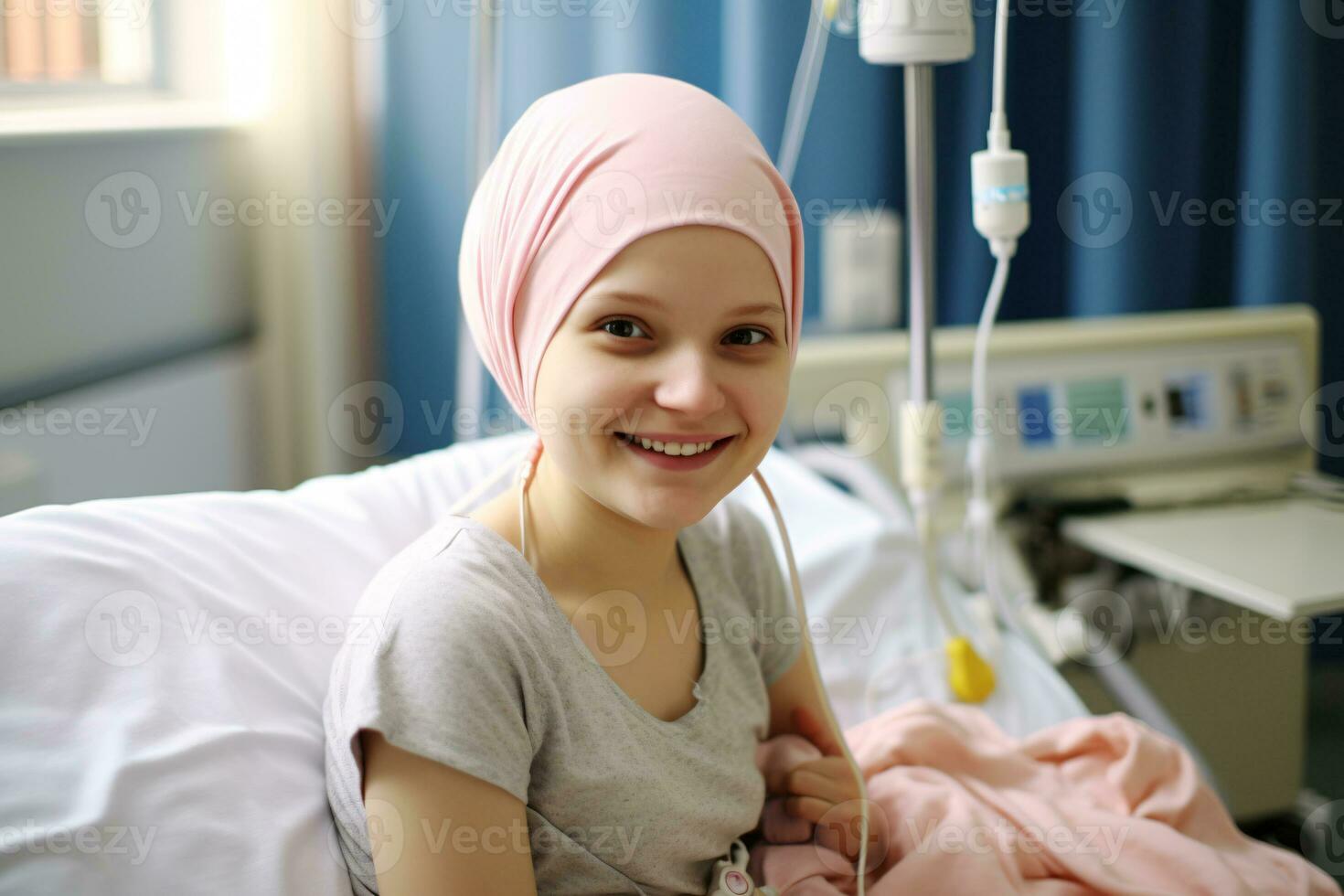 Happy cancer patient. Smiling girl after chemotherapy treatment at hospital oncology department. Leukemia cancer recovery. Cancer survivor. Portrait smiling bald cute girl with a pink headscarf. photo