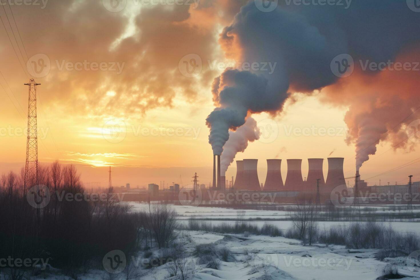 industrial fábrica alto chimeneas liberado ahumado emisiones desde fumar tubería. co2 invernadero gas, deteriorando aire calidad, aire contaminación, y clima cambiar. carbón dióxido gas. generativo ai. foto