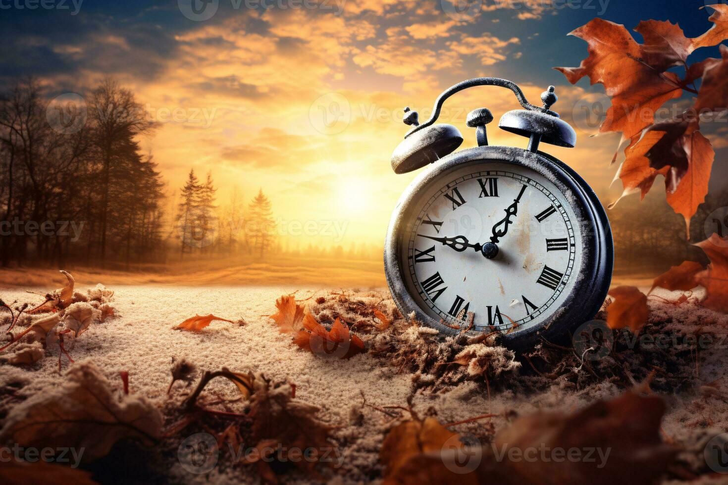 Daylight Saving Time. Alarm clock and orange color leaves on wooden table. Autumn time. Fall time change. Autumn leaves fall and winter approaches, the concept of daylight saving time. Generative AI. photo