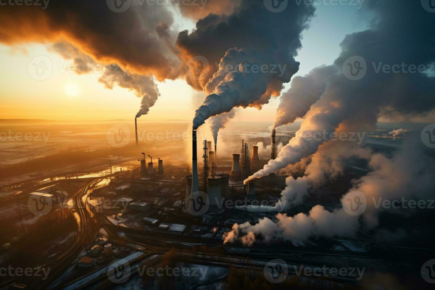Industrial factory tall smokestacks released smoky emissions from smoke pipes. CO2 greenhouse gas, deteriorating air quality, air pollution, and climate change. Carbon dioxide gas. Generative AI. photo