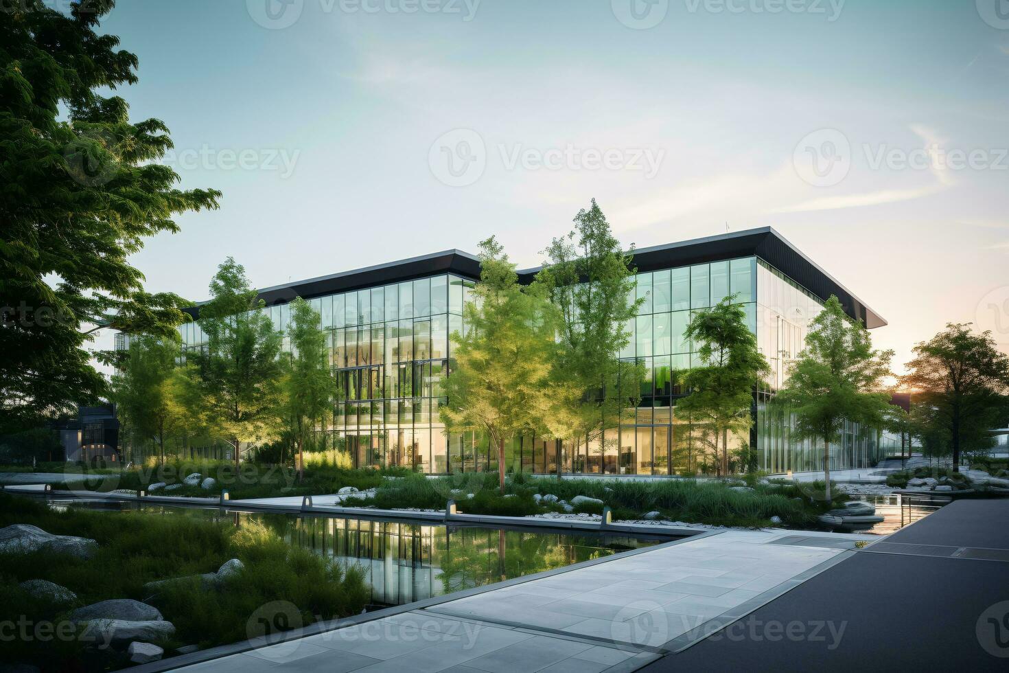 Eco-friendly building in the modern city. Sustainable glass office building with tree for reducing carbon dioxide. Office building with green environment. Corporate building reduce CO2. Generative AI. photo