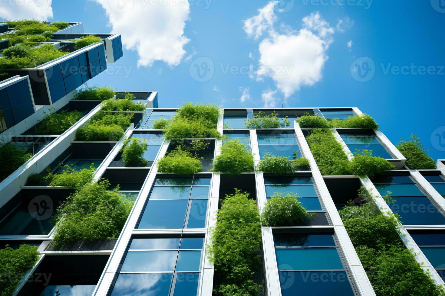 Eco-friendly building in the modern city. Sustainable glass office building with tree for reducing carbon dioxide. Office building with green environment. Corporate building reduce CO2. Generative AI. photo