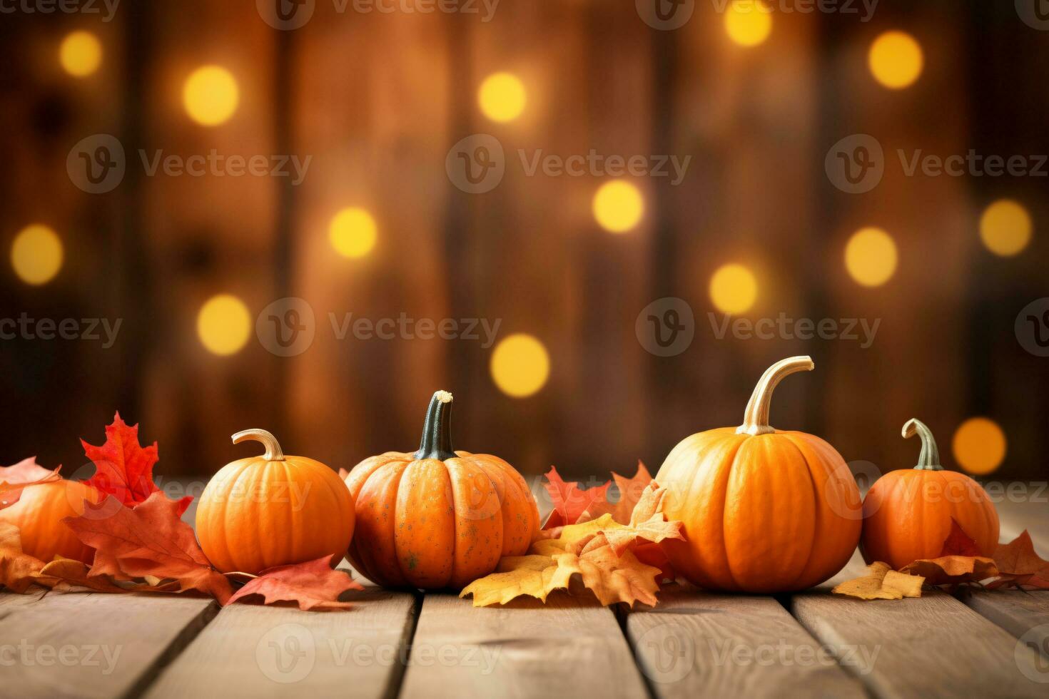 acción de gracias antecedentes. calabaza y seco hojas en rústico de madera mesa con ligero bokeh antecedentes. otoño y otoño antecedentes. fiesta otoño festival. acción de gracias y cosecha concepto. generativo ai foto