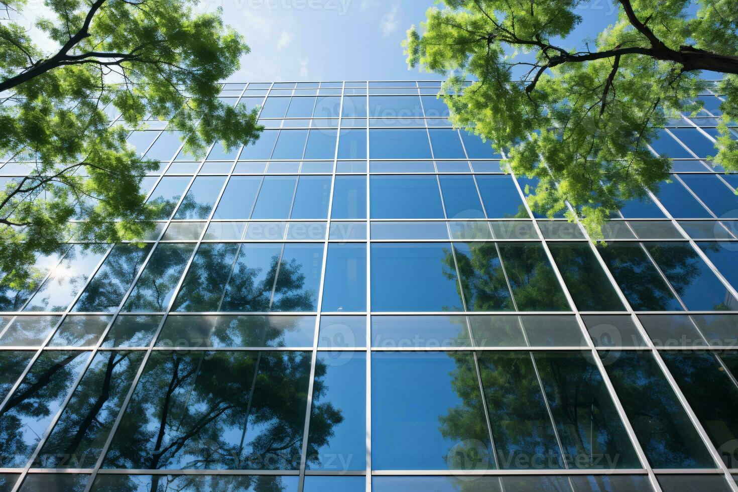 Eco-friendly building in the modern city. Sustainable glass office building with tree for reducing carbon dioxide. Office building with green environment. Corporate building reduce CO2. Generative AI. photo