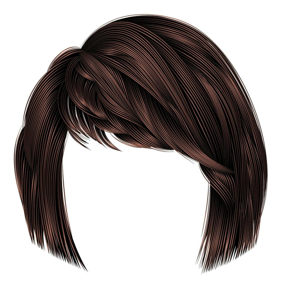 trendy  woman  hairs kare with fringe  . dark  brown   color .  medium length . beauty style . realistic  3d . vector