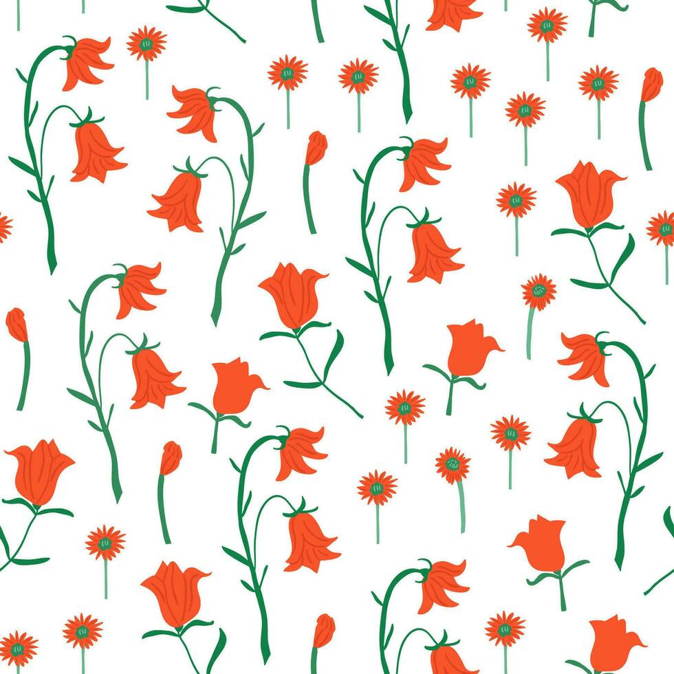 Cute pattern with hand drawn red flowers, hand drawn roses, simple flowers. Kids flower pattern vector