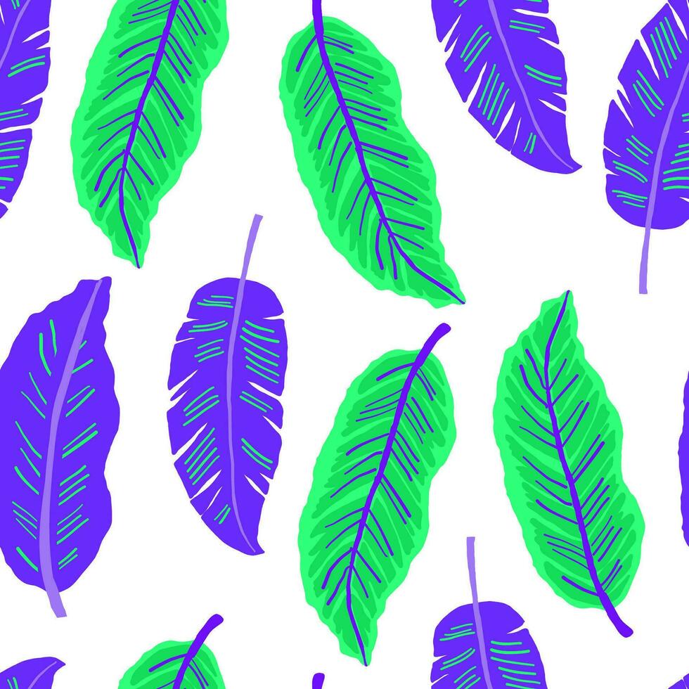 Vector seamless pattern with neon tropical leaves on white