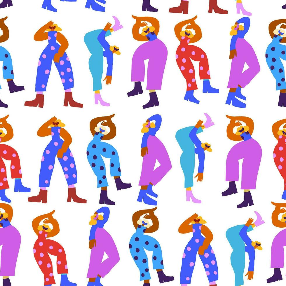 Vector seamless pattern with dancing disco people wearing colorful clothes, 80s vintage style pattern. Retro party background