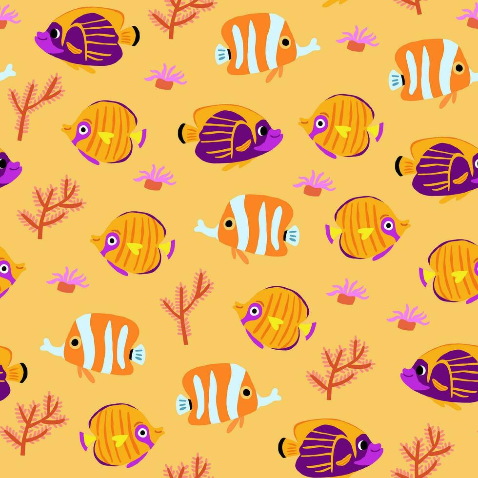 Vector seamless pattern with beautiful exotic fish, coral reafs fish collection with corals, seaweed on orange background. Exotic tropical fishvpattern. Hawaii resort print with colorful fish