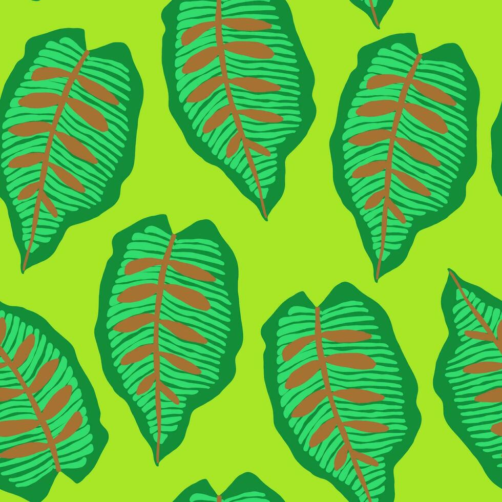 Vector seamless pattern with  tropical leaves on green background