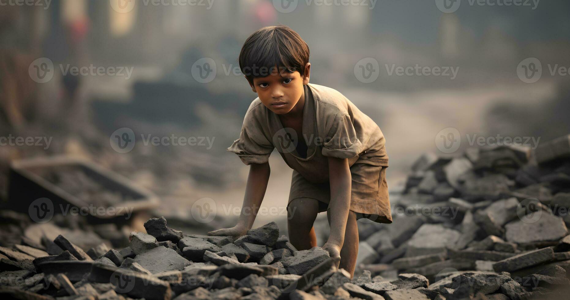 A underage Child is working on harsh condition world  day against child labor ai generative photo