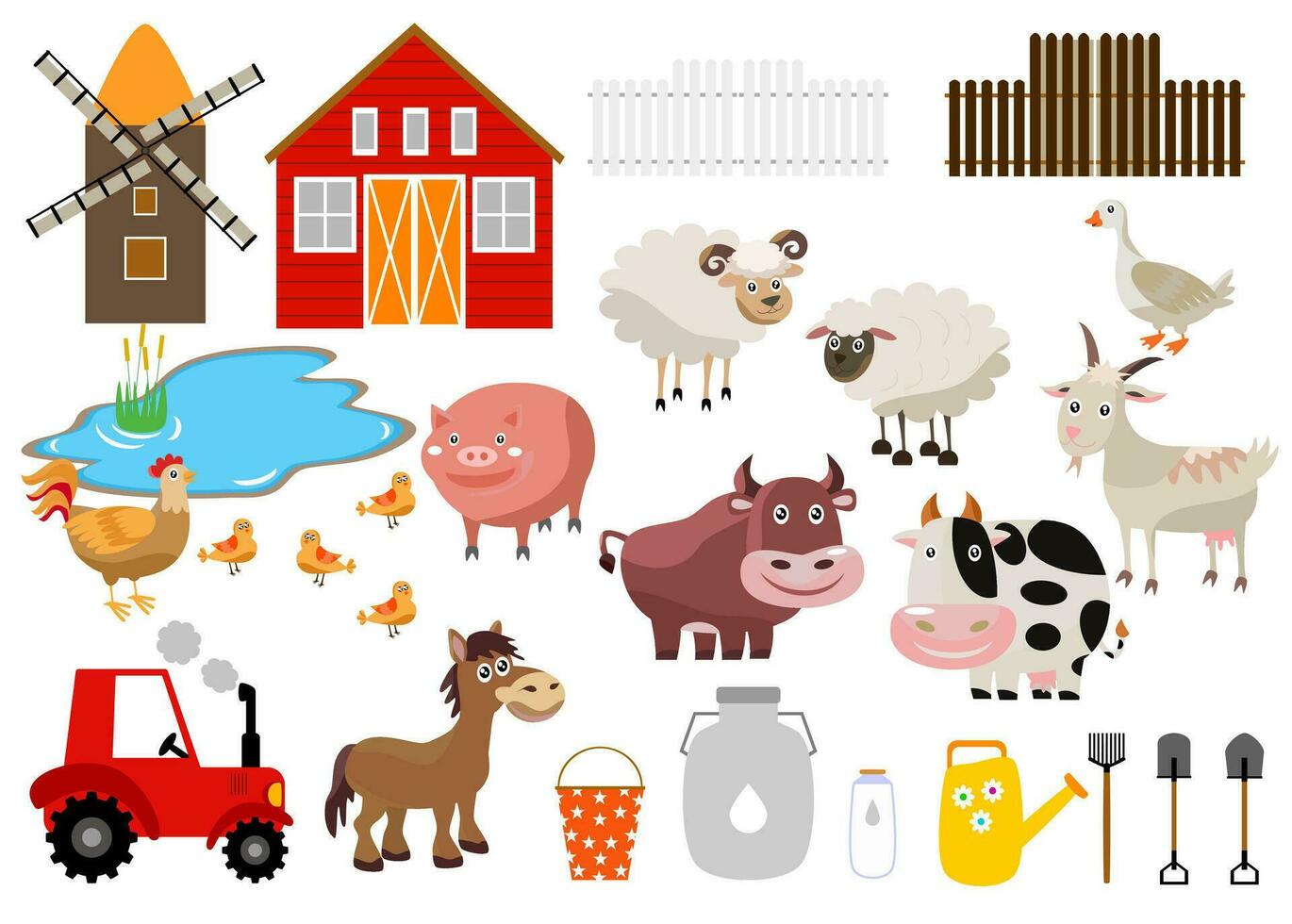 Collection of farm animals icons set in flat style vector Illustration isolated on white background
