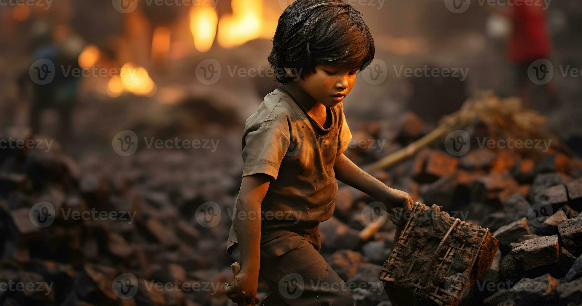 A underage Child is working on harsh condition world  day against child labor ai generative photo