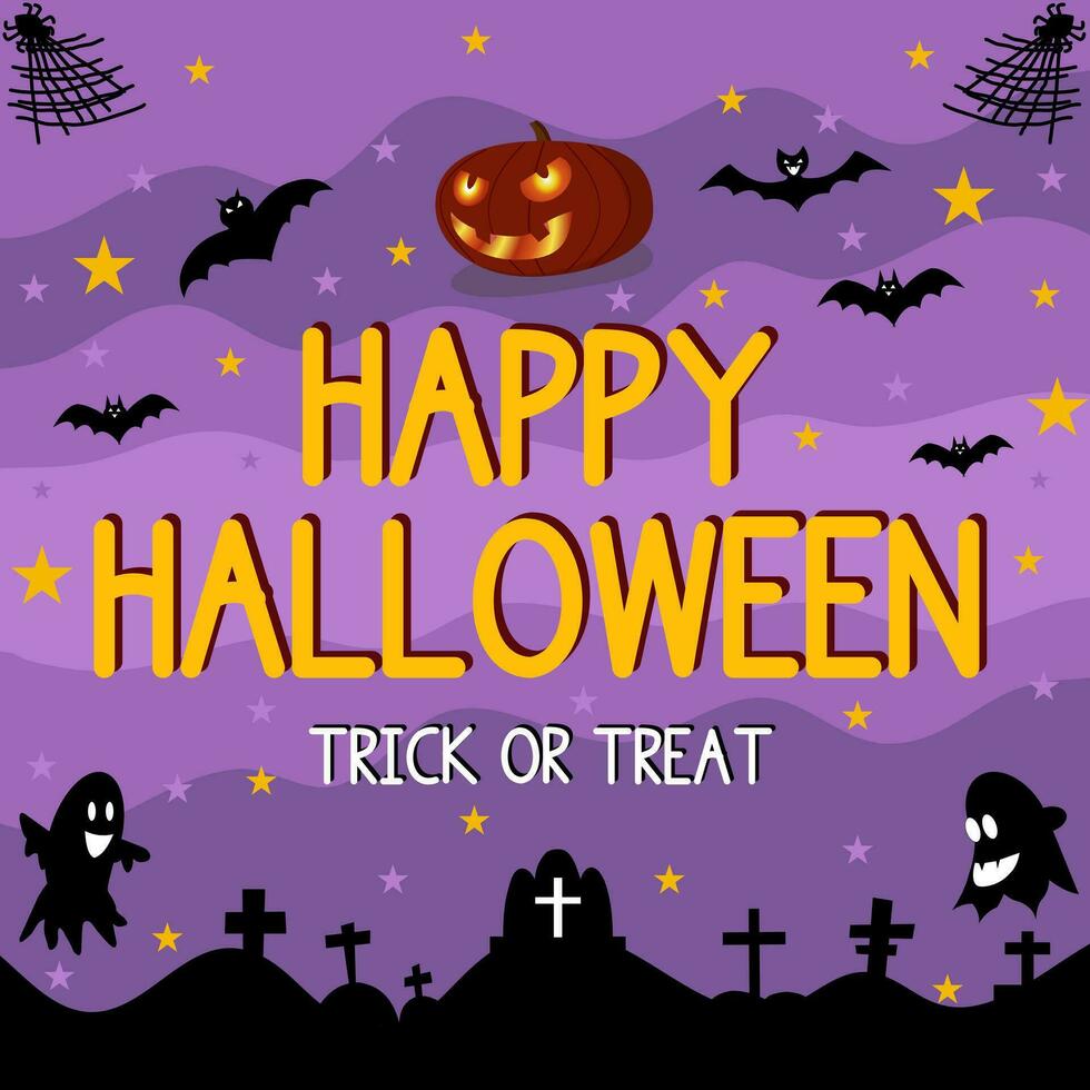 Happy Halloween background with purple misty clouds and pumpkins in the cemetery. vector