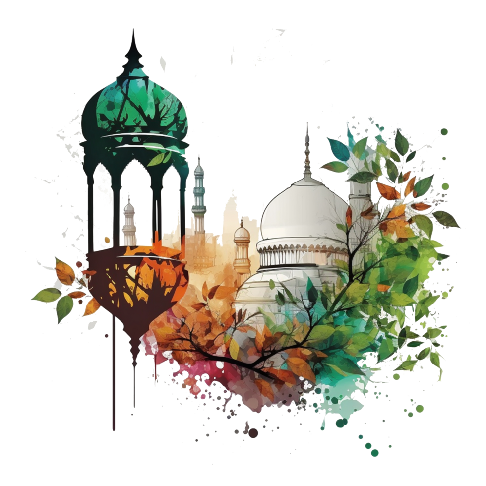 Free download png Islamic watercolor background with mosque ramadan kareem realistic photo, Ai Generative