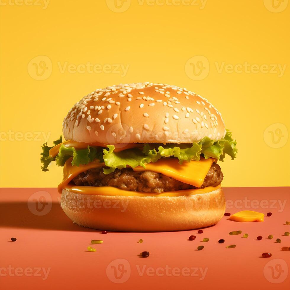 a hamburger with cheese, lettuce and tomato on a black background photo