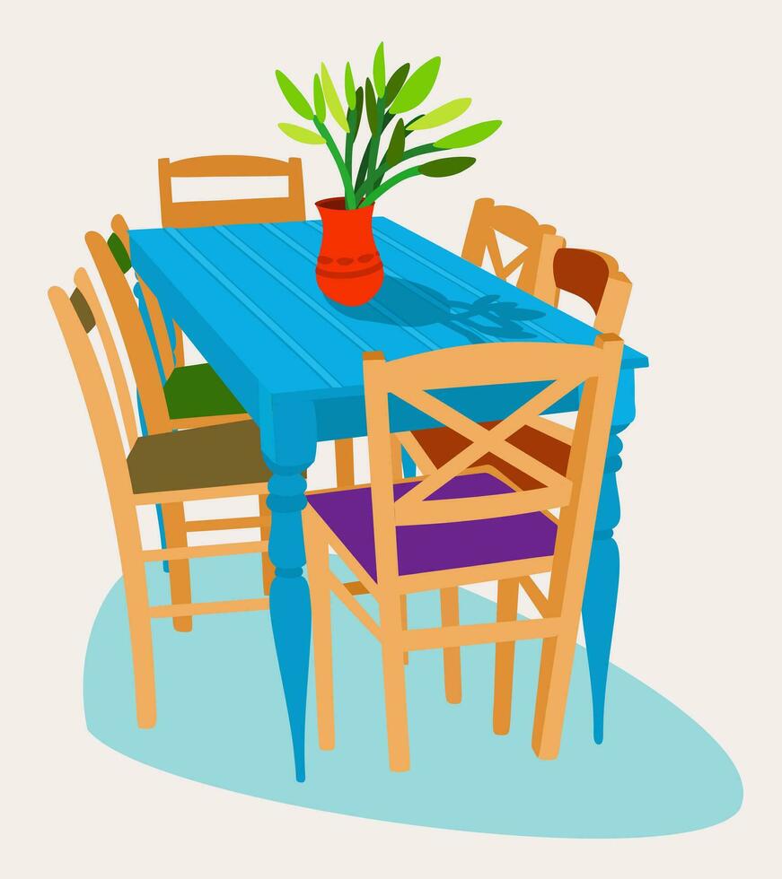 Table with flowers in vase on it and chairs near. Bright vector illustration. Cozy home. Furniture