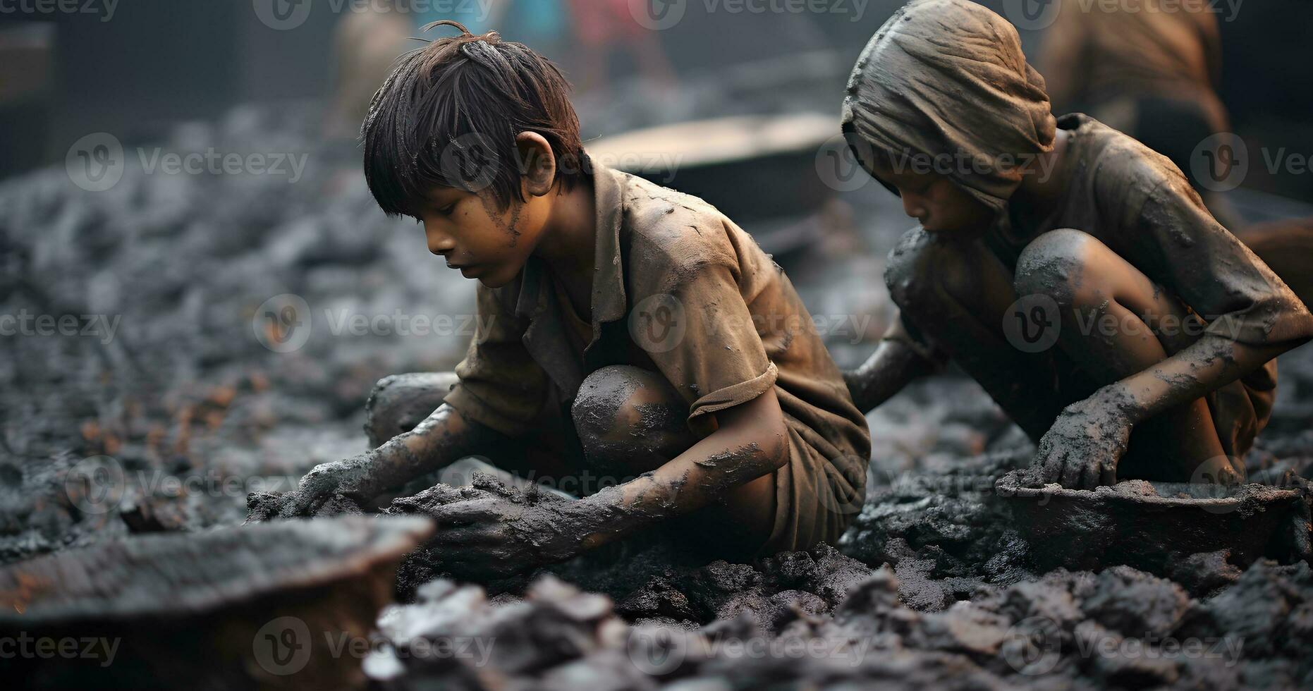 A underage Child is working on harsh condition world  day against child labor ai generative photo