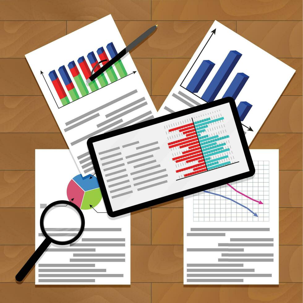 Financial work with charts and infographic, analytics vector graph and annual result illustration