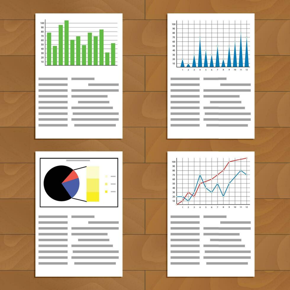 Set of documents with graphics and charts. Infochart and infographic, market analysis and development. Vector illustration