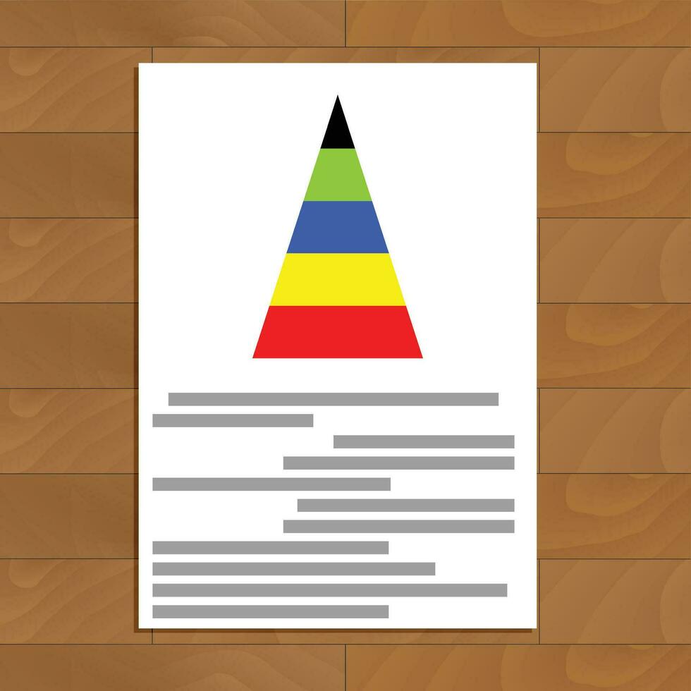 Document with color pyramid graphic. Annual economic information graph, vector illustration