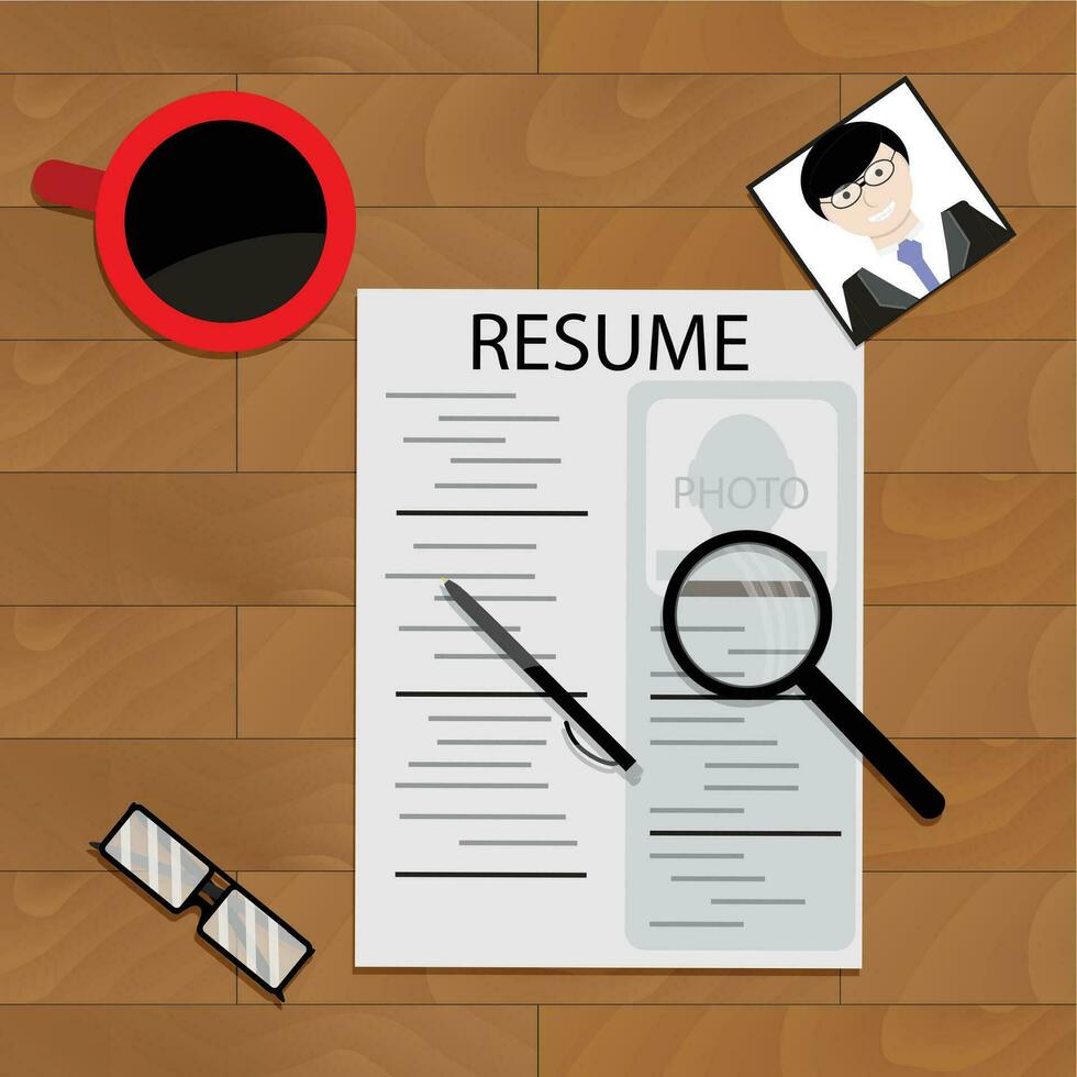 Resume candidate to work, information cv on table. Vector illustration