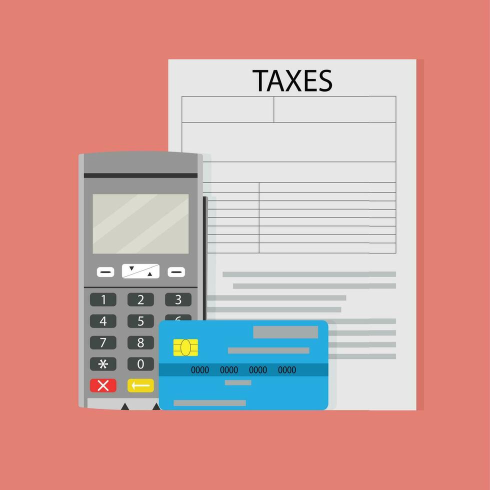 Payment of taxes. Terminal and credit card, modern transfer tax. Vector illustration