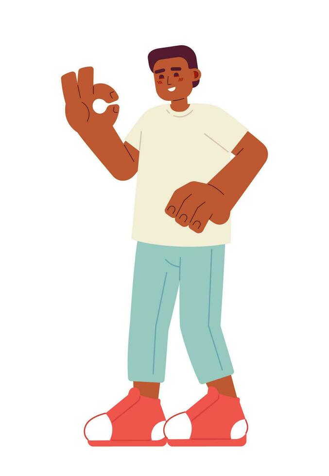 Black guy showing ok gesture semi flat color vector character. Happy young man. Optimistic male. Editable full body person on white. Simple cartoon spot illustration for web graphic design