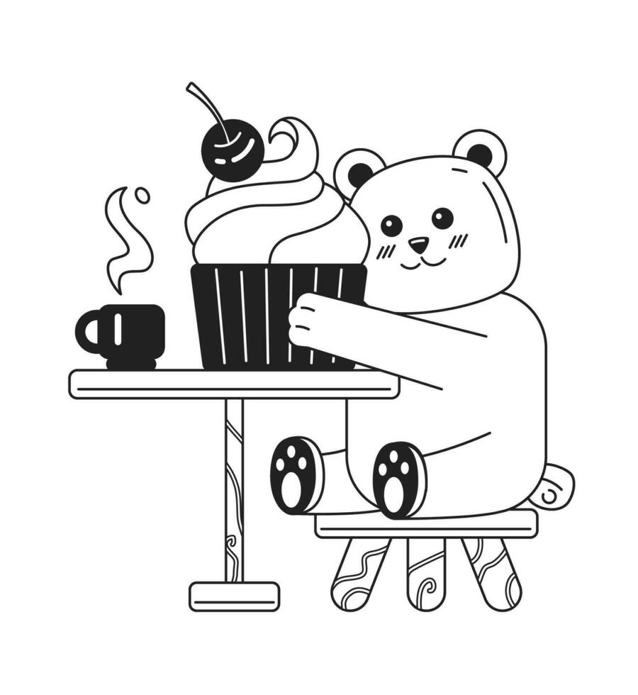 oso comiendo hielo crema negro y blanco linda frío lo fi fondo de pantalla. animal acurrucarse magdalena lineal 2d vector dibujos animados personaje ilustración, monocromo lofi anime antecedentes. bw 90s kawaii estético