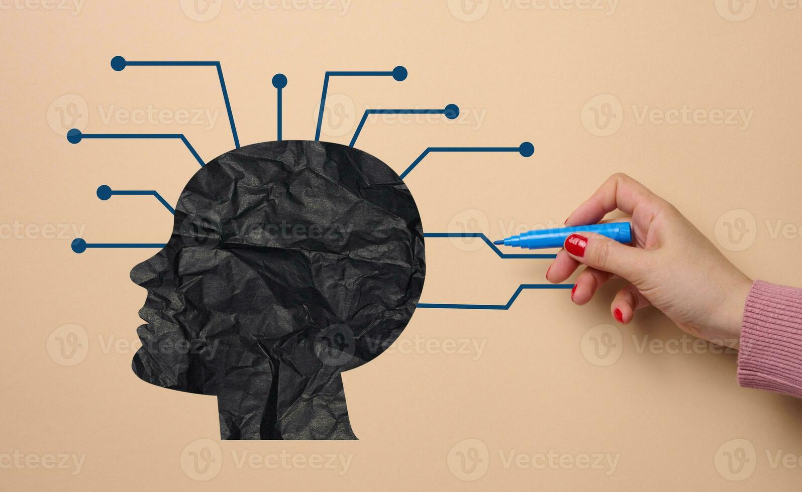 The silhouette of a head and a hand with a marker, representing the concept of artificial intelligence learning photo