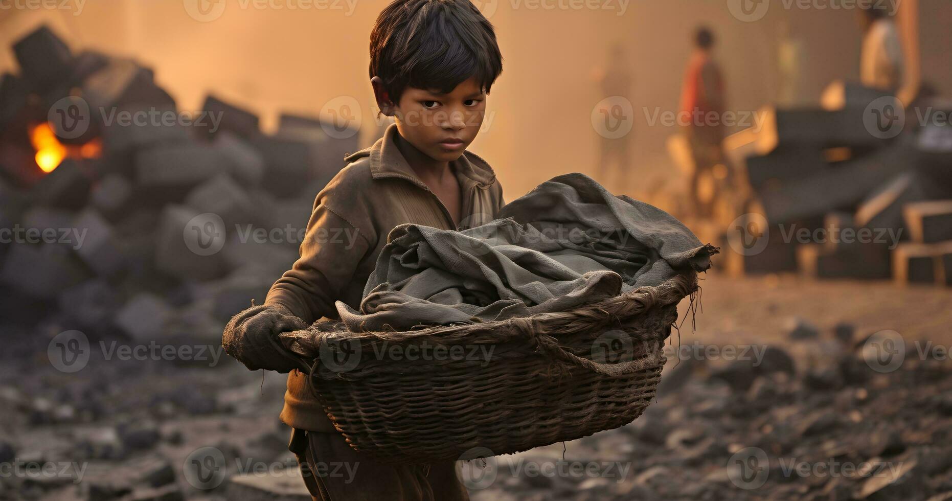 A underage Child is working on harsh condition world  day against child labor ai generative photo