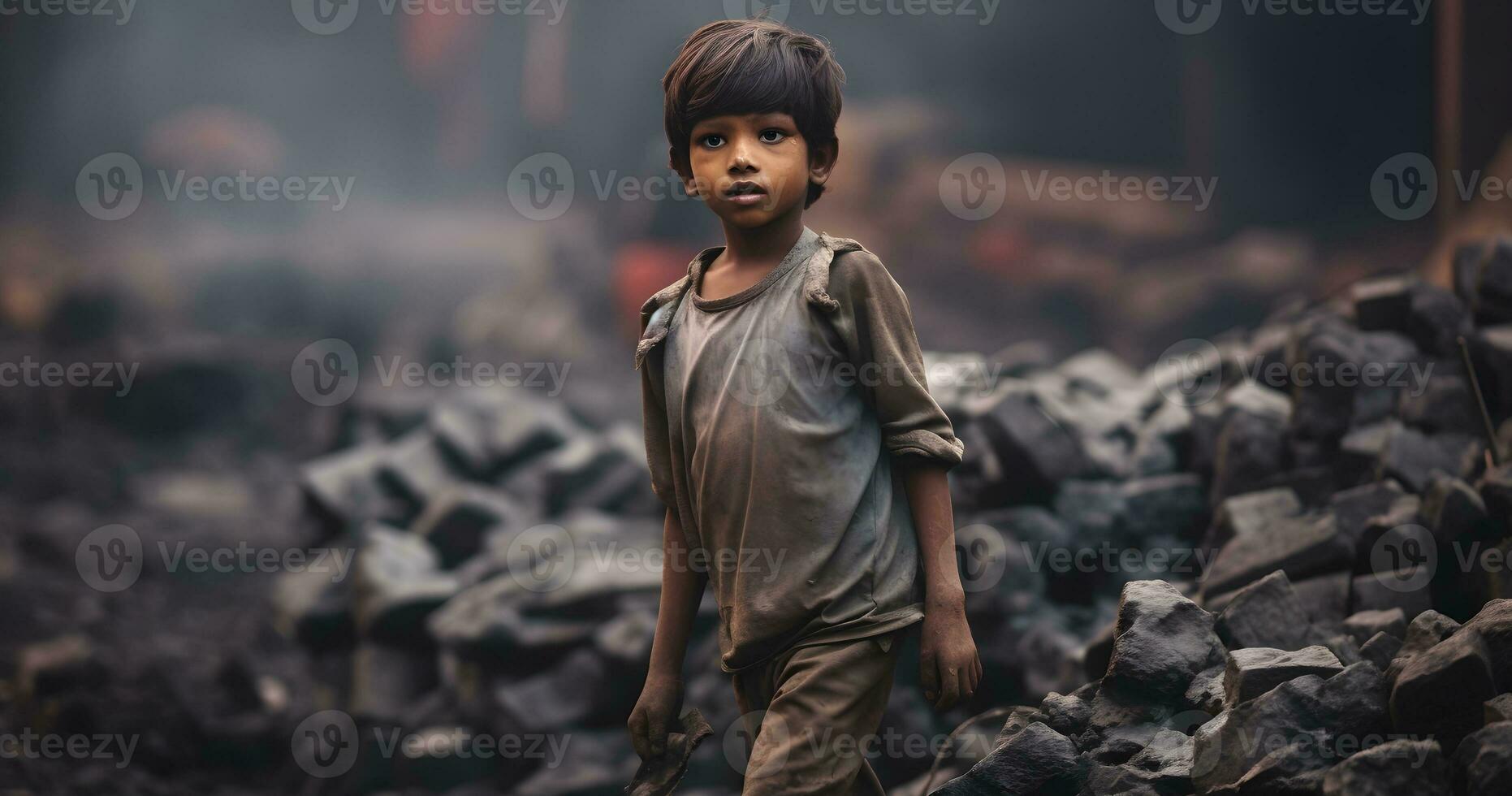 A underage Child is working on harsh condition world  day against child labor ai generative photo