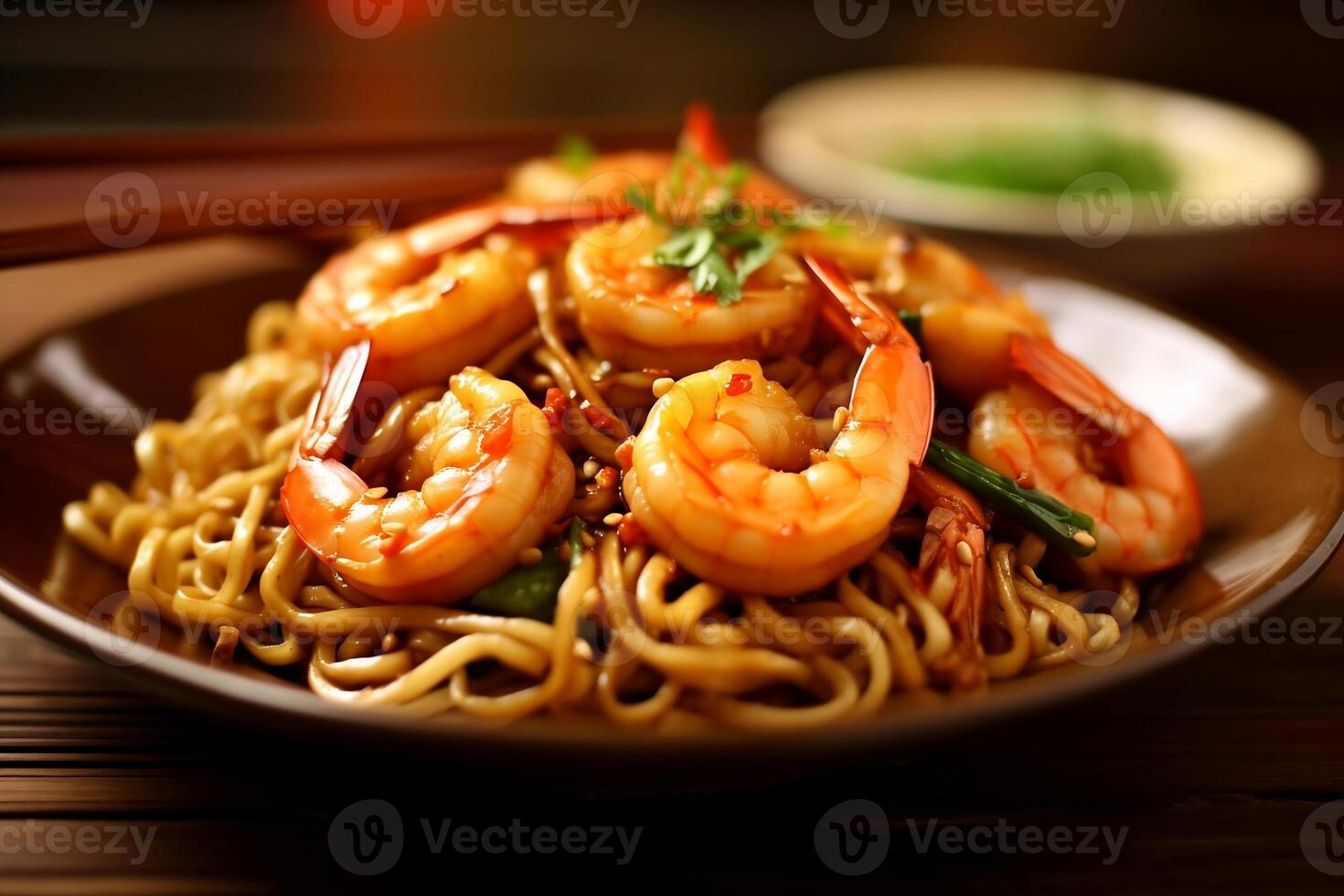 Pasta with shrimp and herbs in a plate. photo