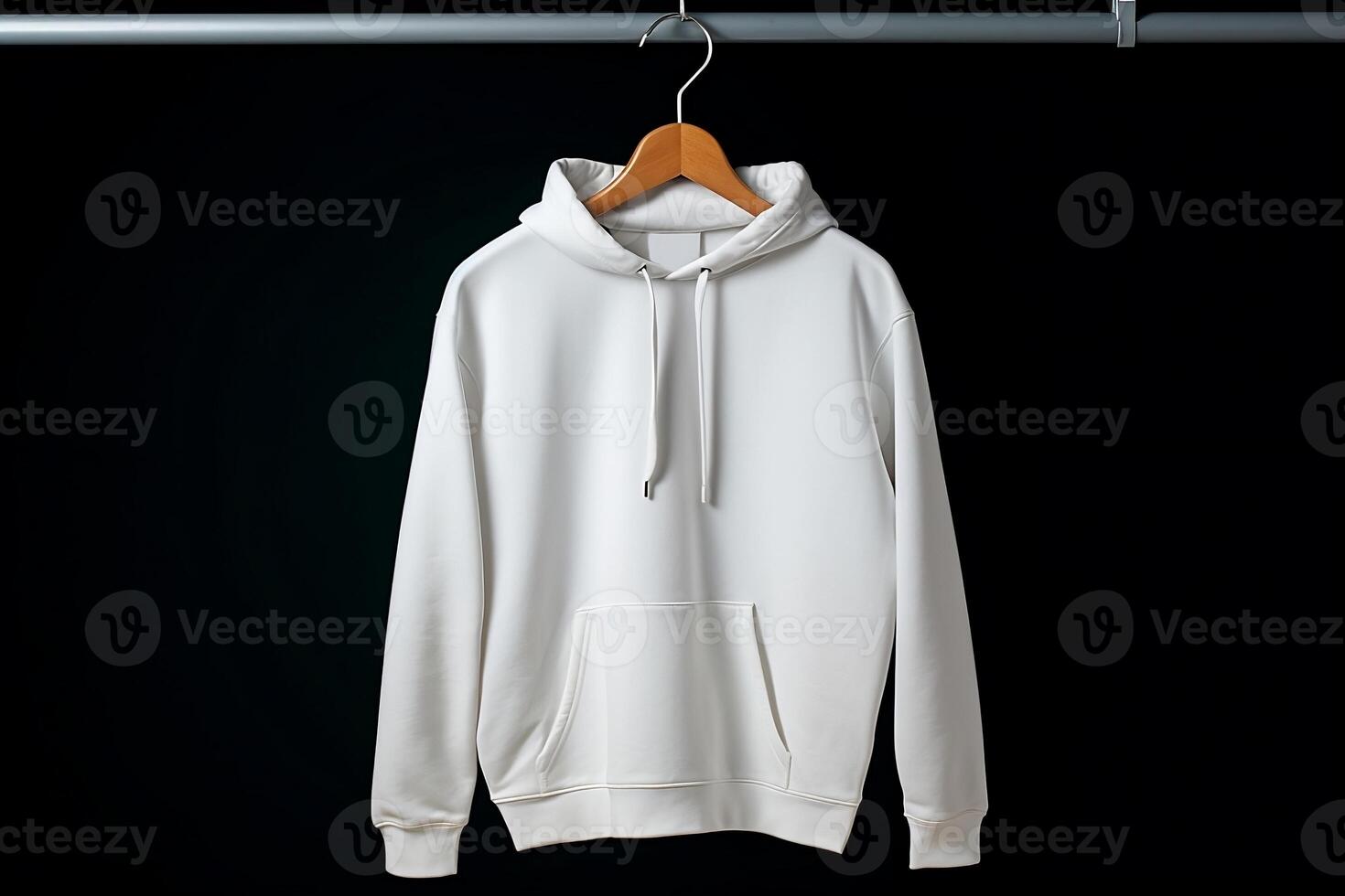Mock-up of a white hoodie with a hood and pocket hangi. ng photo