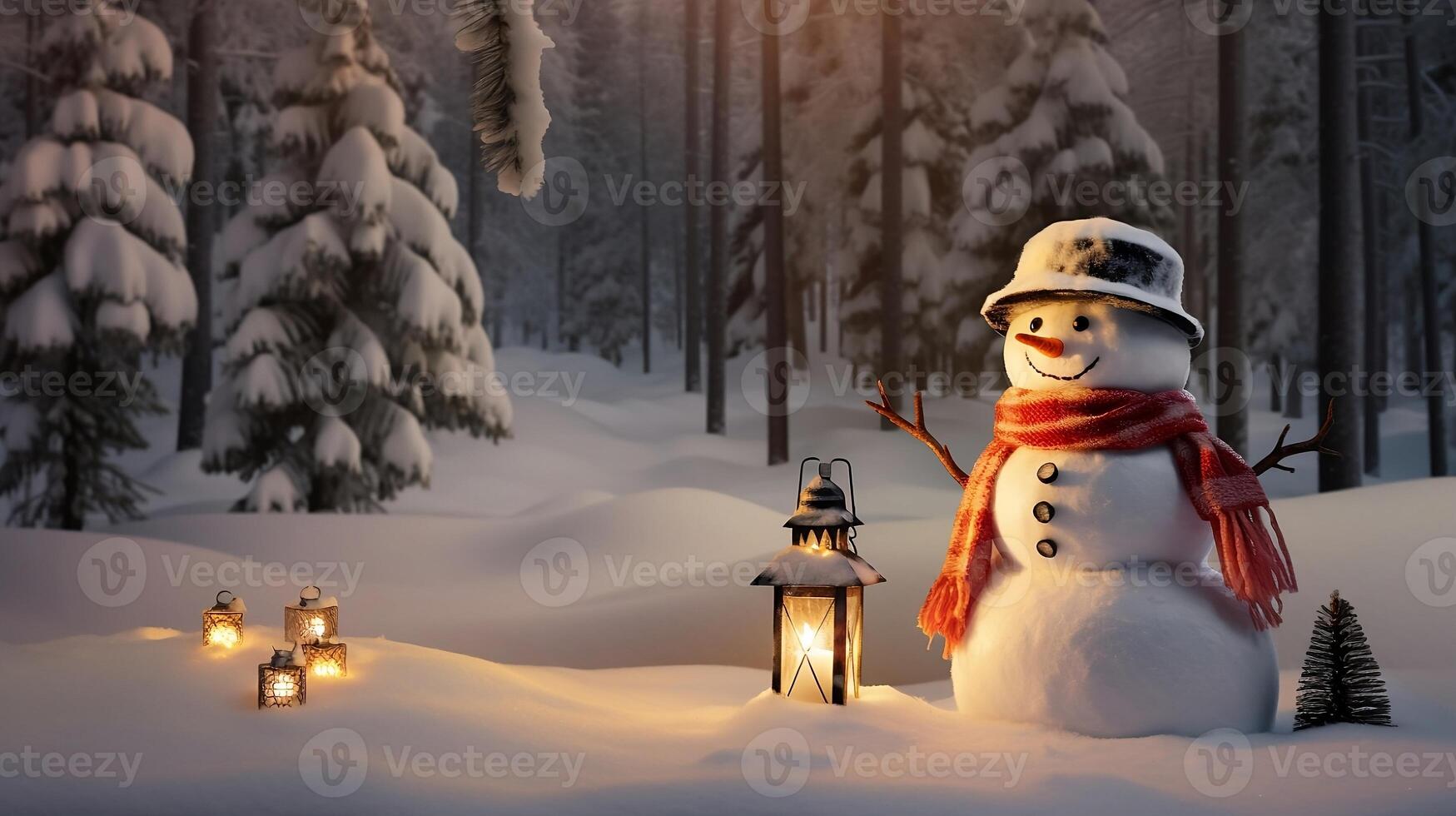 un monigote de nieve con linternas soportes en el nieve en el bosque. ai generativo foto