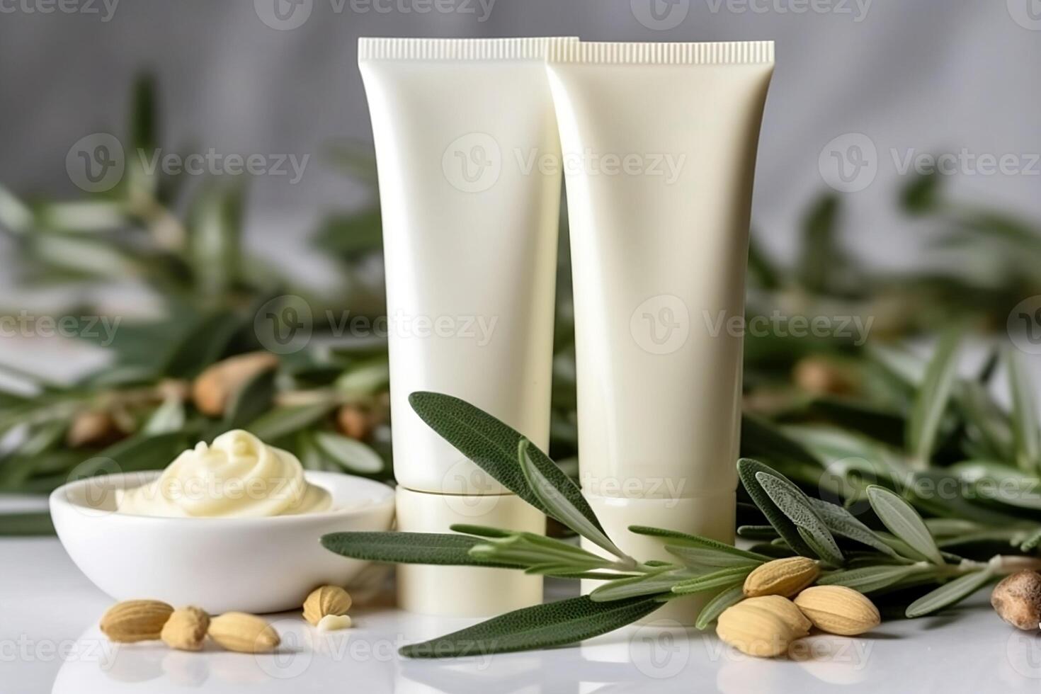 Mockups of tubes of white cream with olives. photo