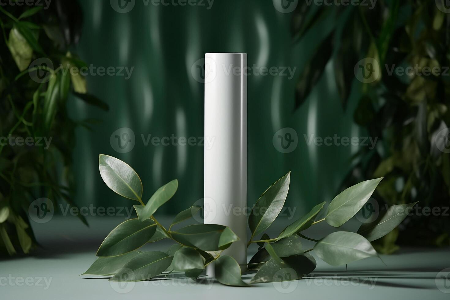A mock-up of a tube of white cream with a lid on a background of eucalyptus leaves.. photo