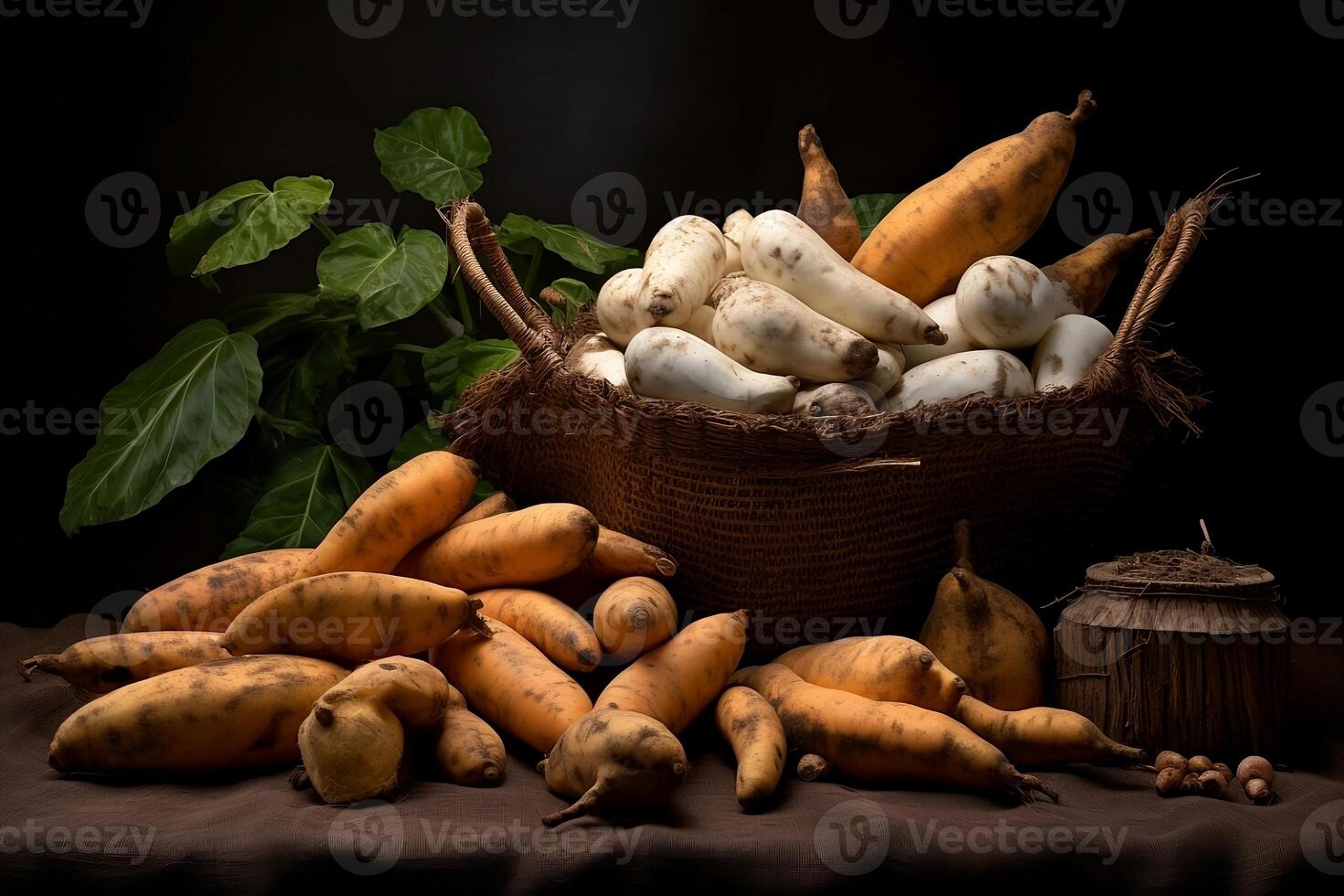 A pile of raw cassava in cassava production. photo