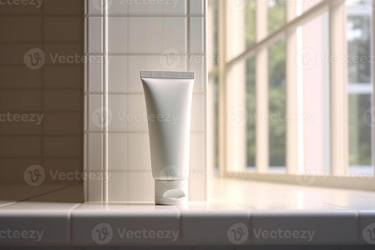 A mock-up of a tube of white cream with a lid is on the shelf. photo