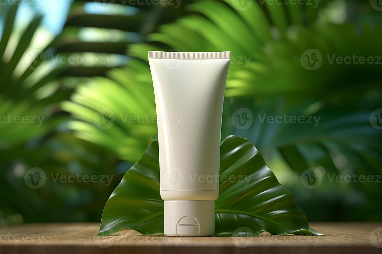 A mock-up white tube for cream on the background of palm leaves. photo
