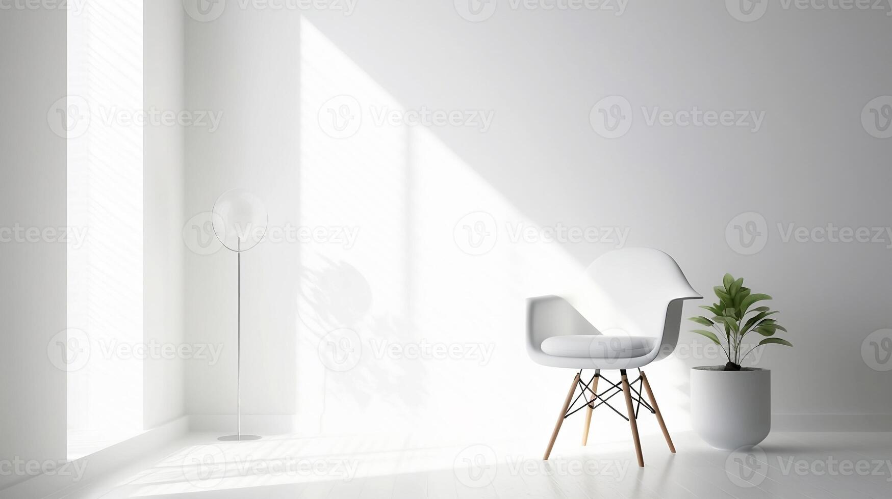 A white chair stands in a white room near the window.. photo