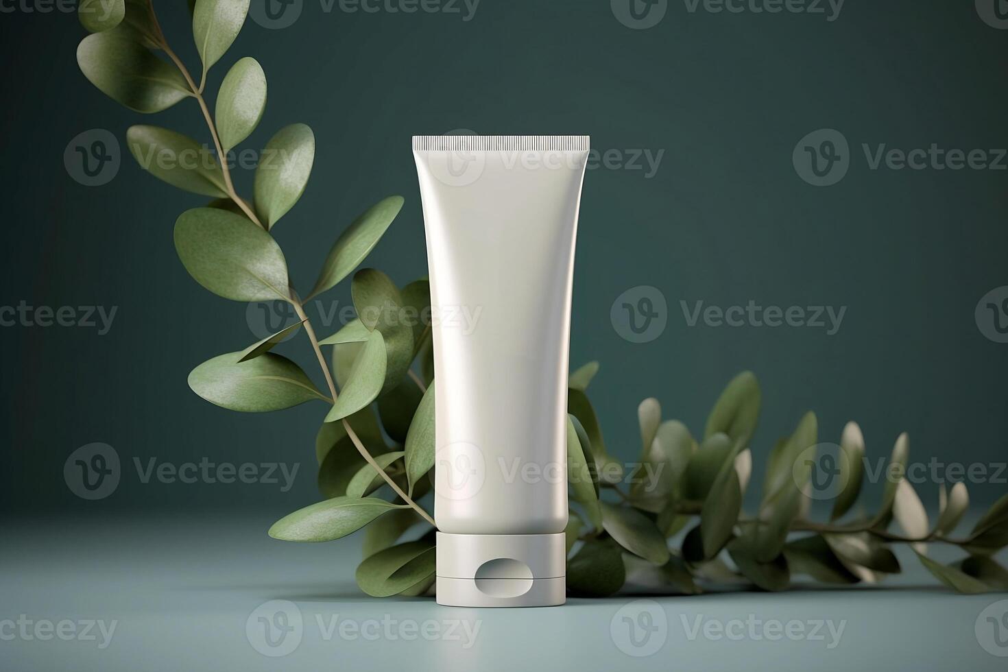 A mock-up of a tube of white cream with a lid on a backgr. ound of eucalyptus leaves. photo