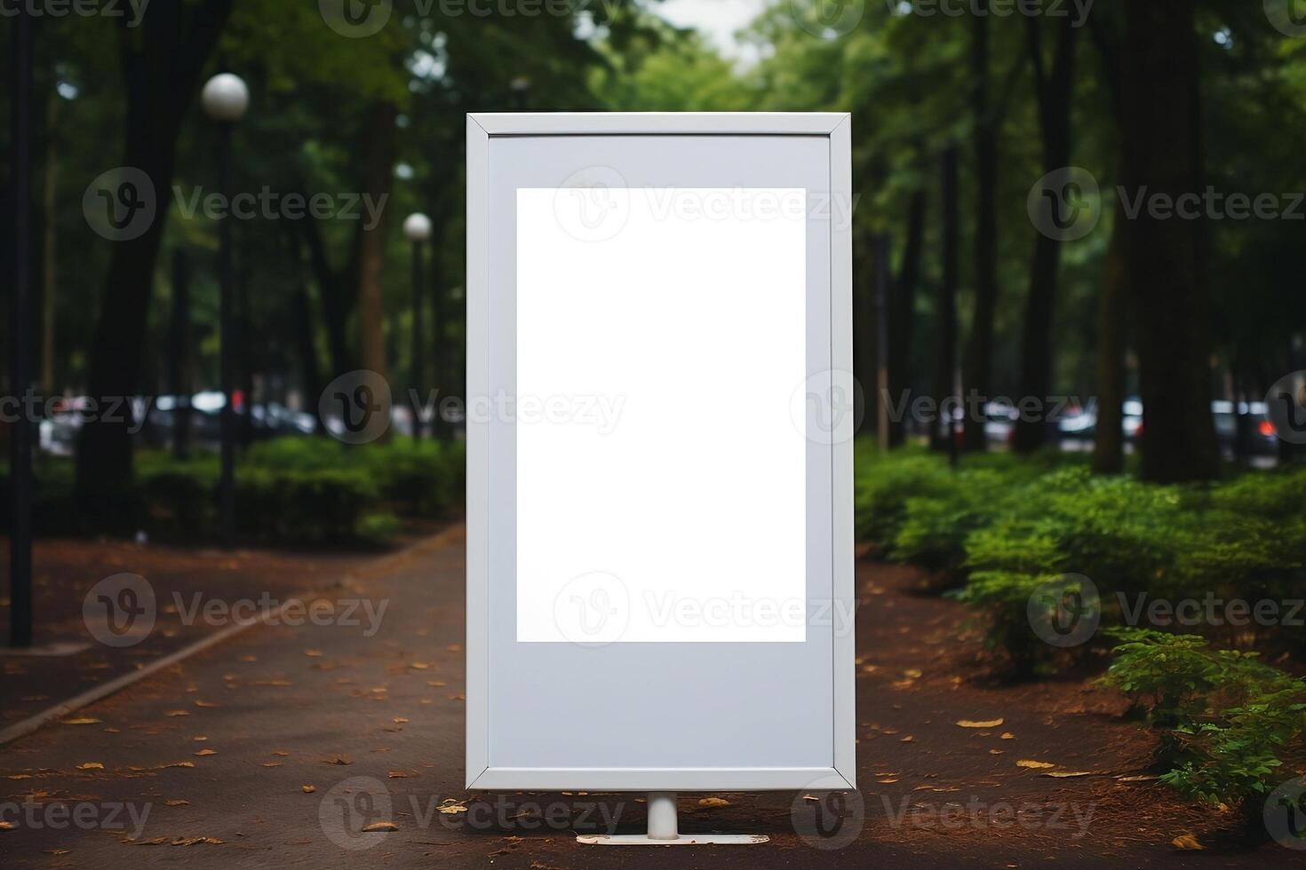 Layout of a white outdoor advertising poster in the park. photo