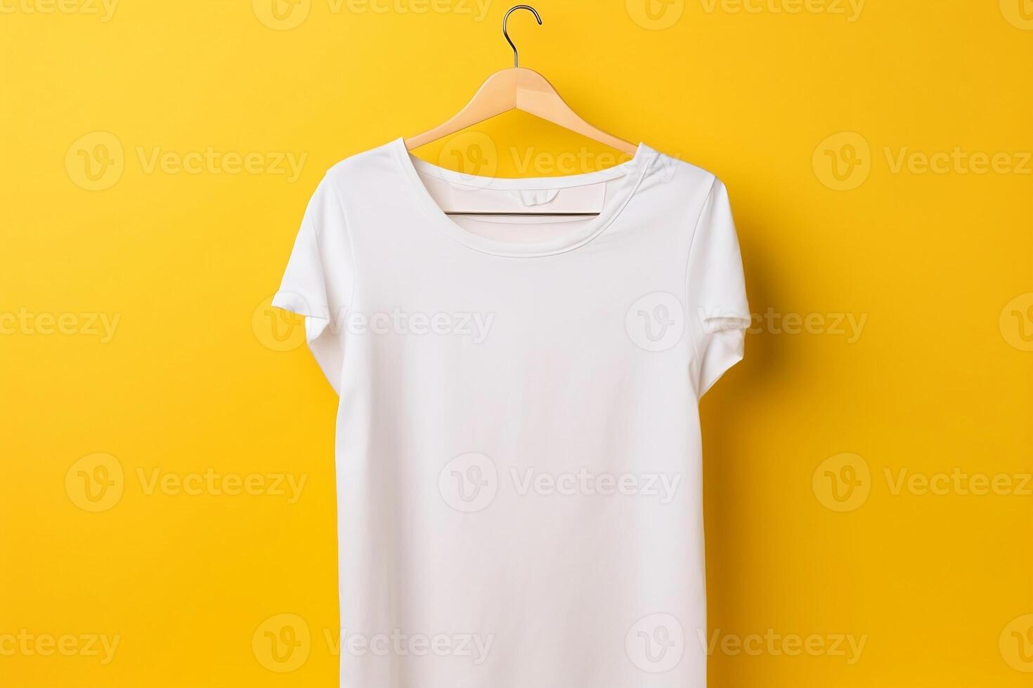 A white T-shirt is hanging on a hanger.. photo