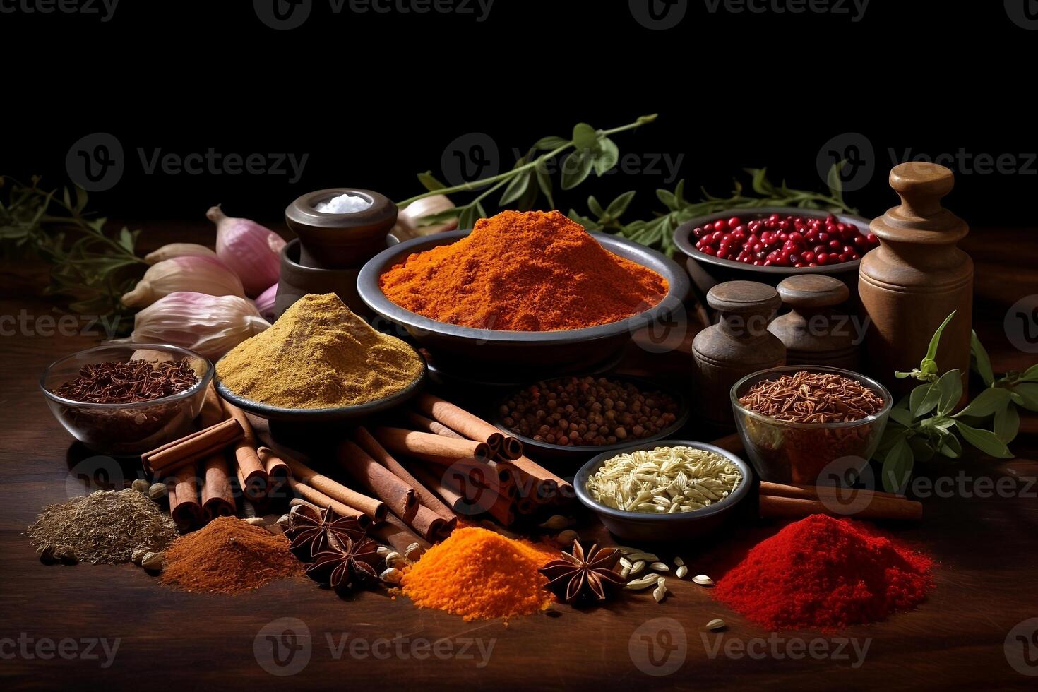 A lot of spices are scattered on the table. photo