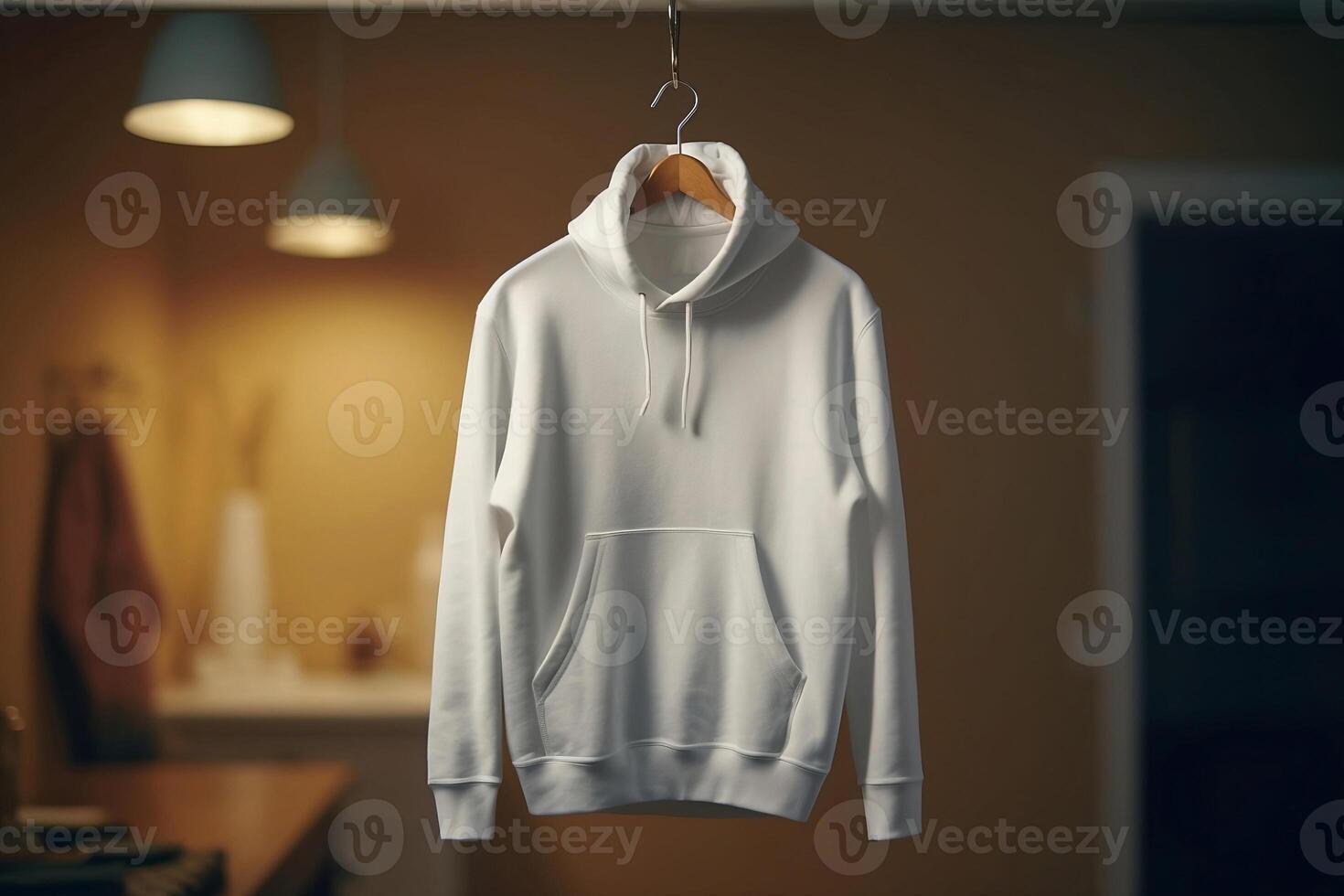 Mock-up of a white hoodie with a hood and pocket hanging on a hanger. photo