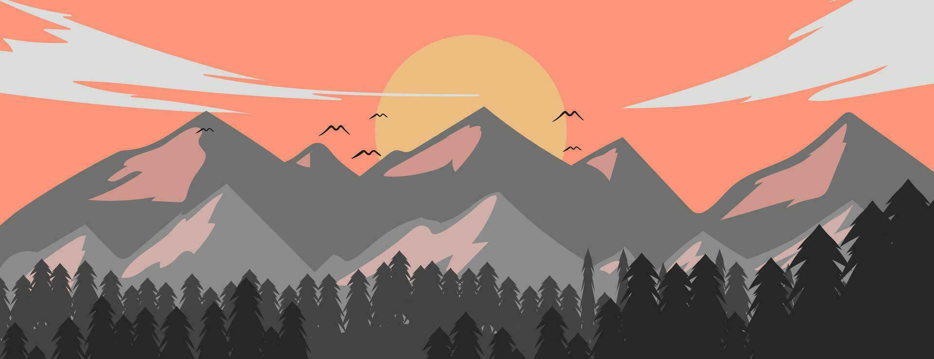 landscape vector illustration of mountain and forest view with slightly cloudy sky in the afternoon