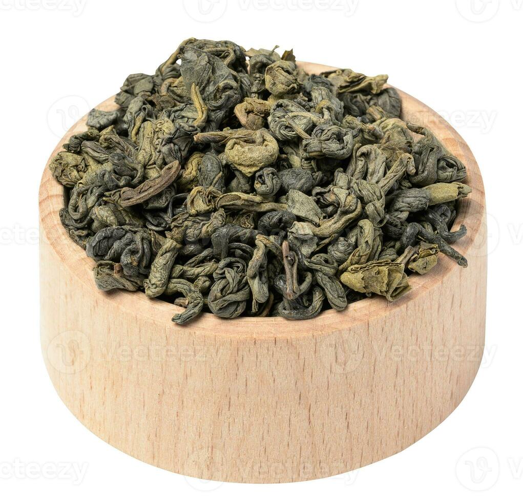 retorcido seco verde té hojas, sano bebida foto
