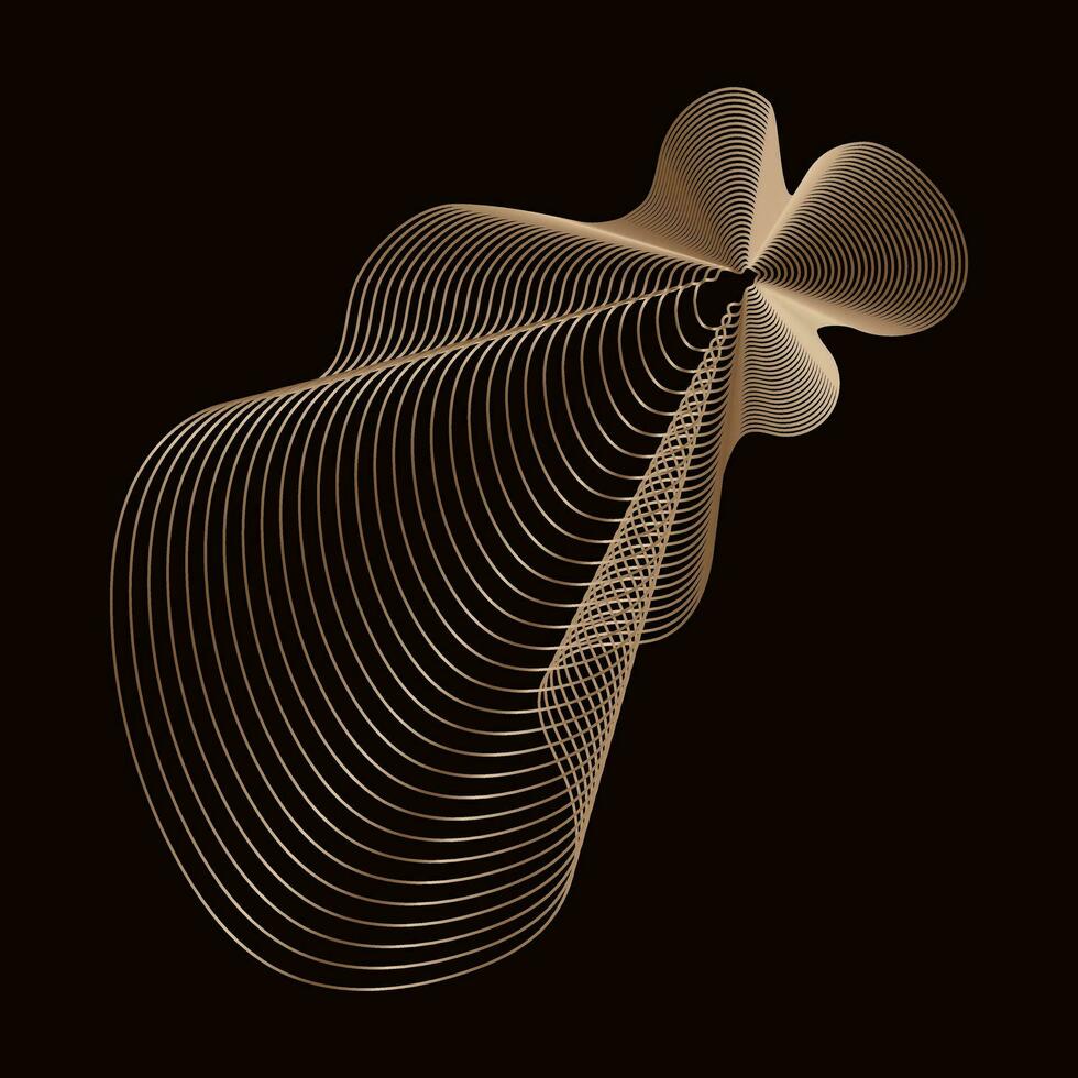Golden linear design element on dark background, abstract geometric shape of golden wavy lines. Vector object isolated on black.