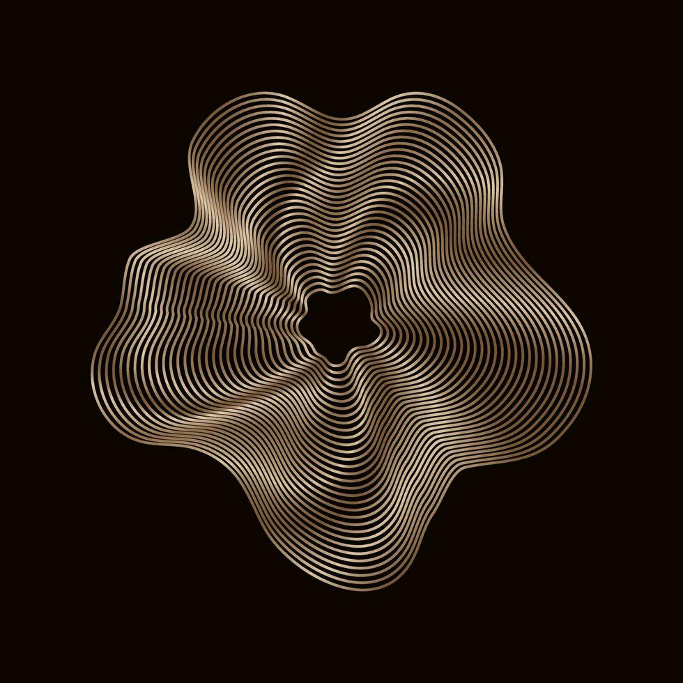 Golden linear design element on dark background, abstract geometric shape of golden wavy lines. Vector object isolated on black